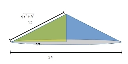 A conical tent made of canvas has a base that is 34 feet across and a slant height-example-1