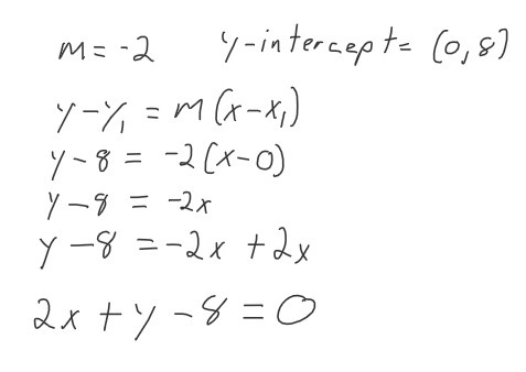 What is the equation of a line, in general form, with a slope of -2 and a y-intercept-example-1