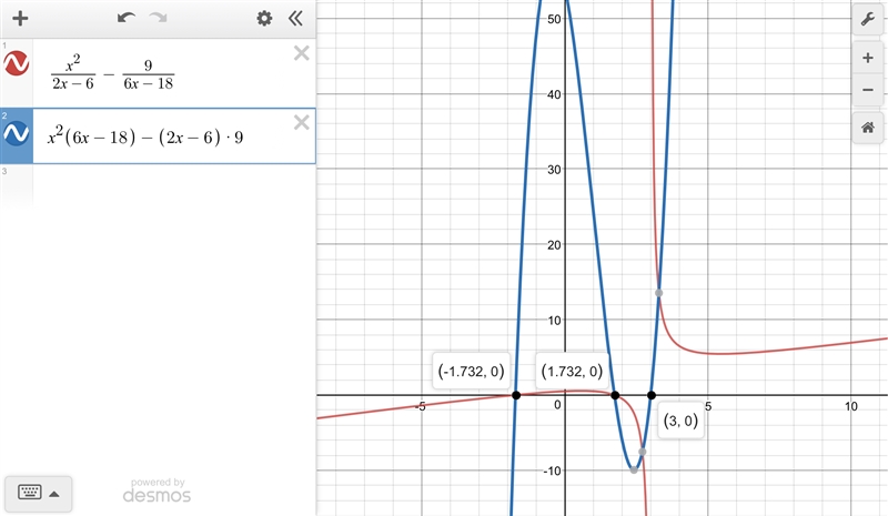 What is true about the solution of x^2/2x-6=9/6x-18? x=±√3, and they are actual solutions-example-1