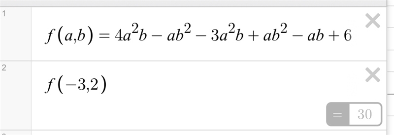 (4a^2)b–ab^2–(3a^2)b+ab^2–ab+6 for a=−3, b=2-example-1