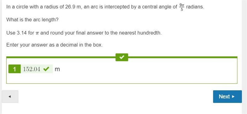 In a circle with a radius of 26.9 m, an arc is intercepted by a central angle of 9π5 radians-example-1