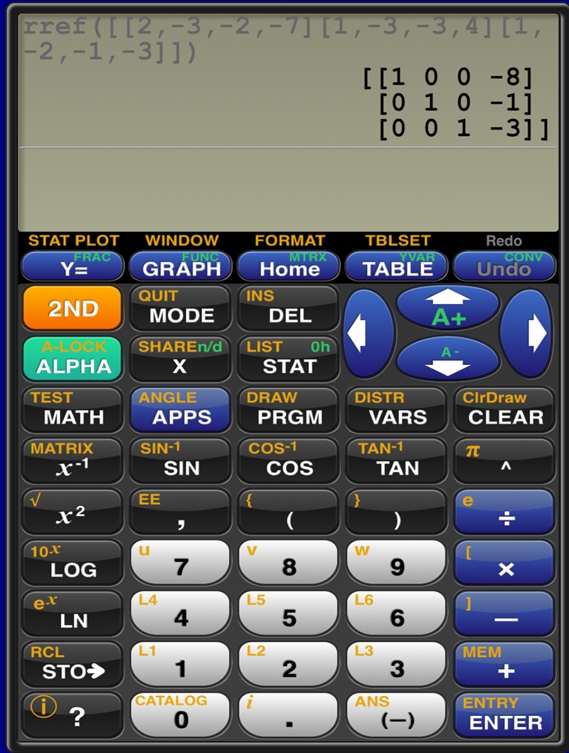 What is the solution for the system of equations {2x-3y-2z=-7, x-3y-3z=4, x-2y-z=-3-example-1