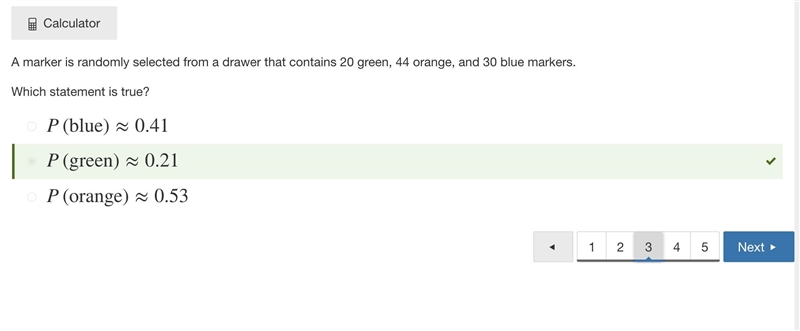 A marker is randomly selected from a drawer that contains 20 green, 44 orange, and-example-1