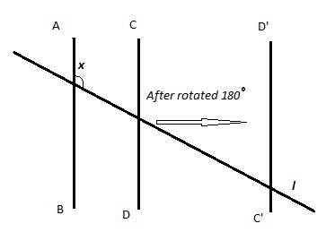 AB is parallel to CD. CD is rotated 180°. Which statement describes the relationship-example-1