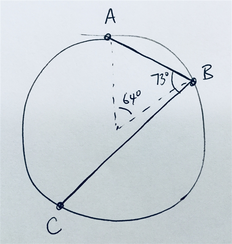 Points ab are the endppints of an arc of a circle, ab=64, and angle abc =73 what is-example-1