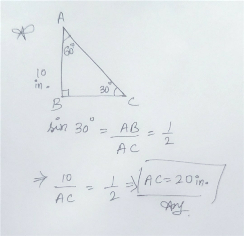 a flag is in the shape of a 30 -60 -90 triangle. The shorter leg has a length of 10 inches-example-1