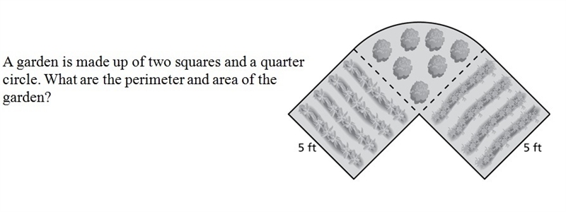 a garden is made up of two squares and a quarter circle. what are the perimeter and-example-1