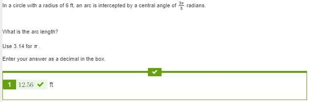 In a circle with a radius of 6 ft, an arc is intercepted by a central angle of 2π3 radians-example-1