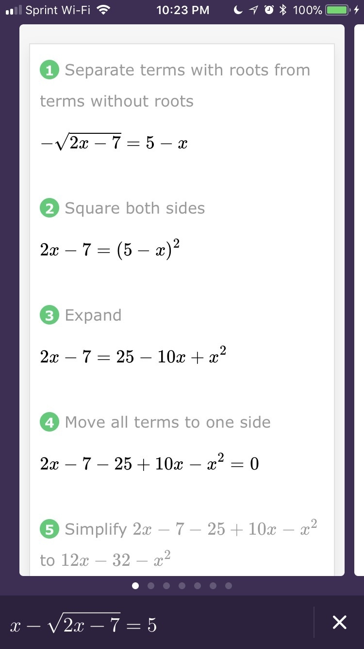 I need help solving this: x- √(2x-7) = 5-example-1