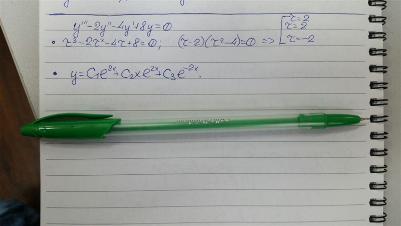 Find the general solution of the given differential equation. y''' − 2y'' − 4y' + 8y-example-1