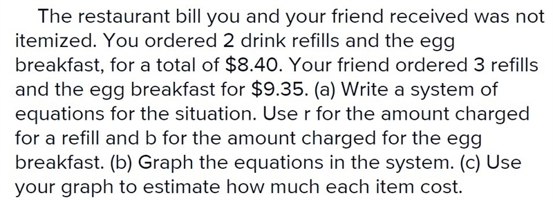 The restaurant bill you and your friend received was not itemized. You ordered 2 drinks-example-1