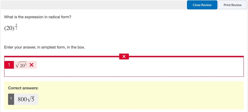 What is the expression in radical form? (20)^5/2 Enter your answer, in simplest form-example-1
