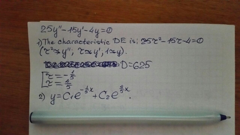 Find the general solution of the given second-order differential equation. 25y'' − 15y-example-1