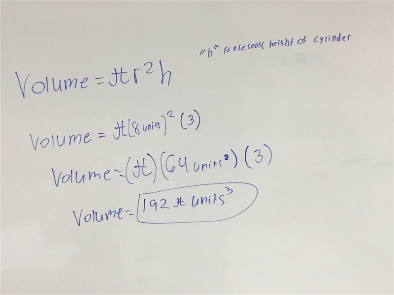 What isn't the volume of the cylinder below? Radius 8 height 3-example-1