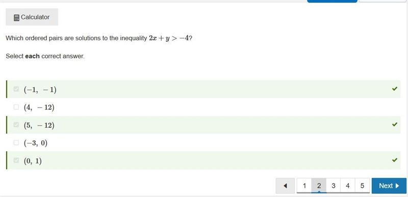 Which ordered pairs are solutions to the inequality −2x+y≥−4 ? Select each correct-example-1