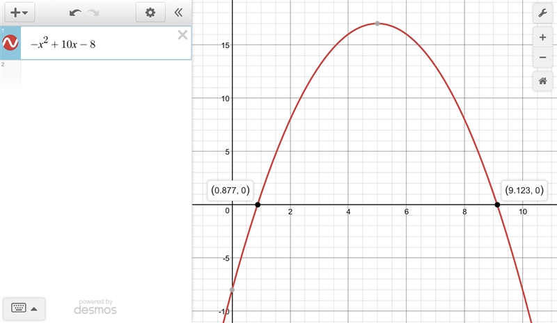 Where does the section of the bridge meet ground level? Solve 0 = -x2 + 10x - 8-example-1