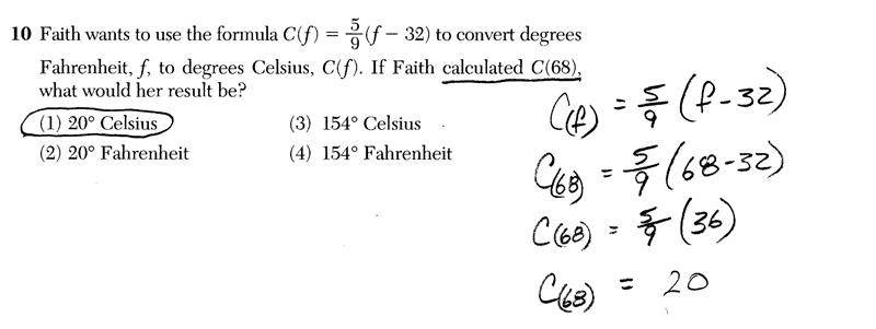 faith wants to use the formula c(f)= 5/9(f-32) to convert degrees to fahrenheit, f-example-1