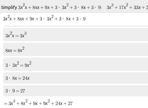 50 points Multiply the polynomials. (x + 3)(3x^2 + 8x + 9) A. 3x^3 + 17x^2 + 33x - 27 B-example-1