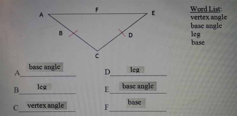 using the words from the word list name all the parts of the isosceles triangle. some-example-1