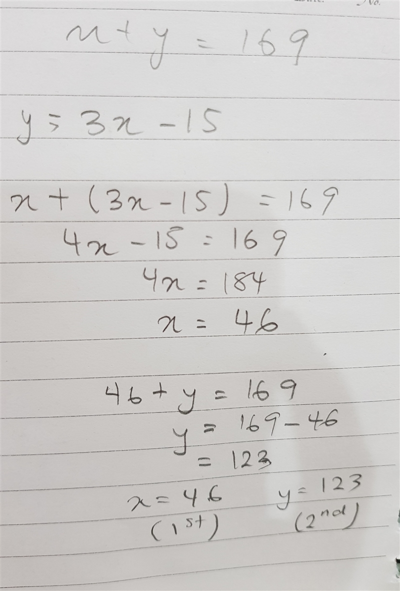 The sum of two numbers is 169. The second number is 15 less than three times the first-example-1