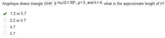 Angelique draws triangle ghk. if angle g=30o, g=3, ang k=4, what is the approximate-example-1