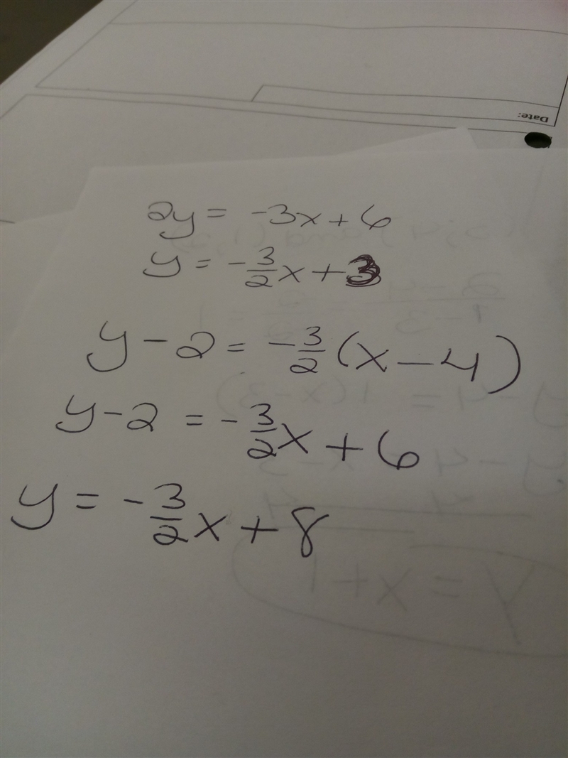 Write an equation of a line that is parallel to 3x+2y=6 that passes through the points-example-1