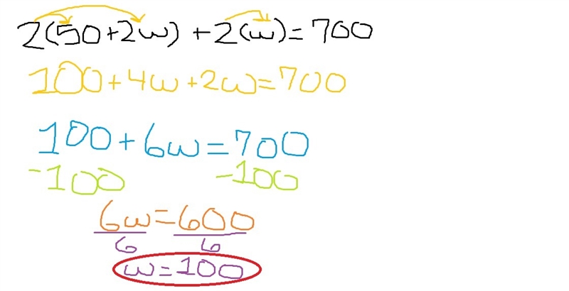 Hey can someone please explain this to me I keep coming out with wierd answers? 2(50+2w-example-1