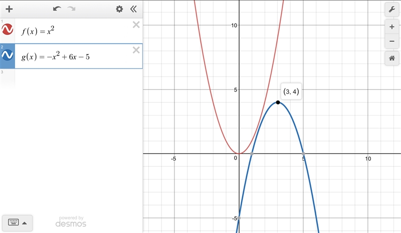 The parent function f(x)=x^2 is translated such that the function g(x)=-x^2+6x-5 represented-example-1