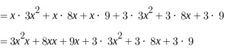 50 points Multiply the polynomials. (x + 3)(3x^2 + 8x + 9) A. 3x^3 + 17x^2 + 33x - 27 B-example-2