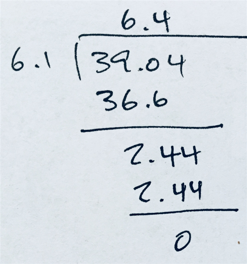 39.04 ÷ 6.1 (With concept please) Teachers call it AKA Show your work.-example-2