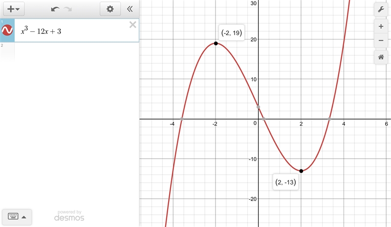 Consider the function below f(x) = x3 − 12x + 3 find intervals of increase and decrease-example-1