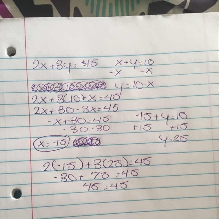 Consider the following system of equations: 2x+3y=45 x+y=10 what is the x value of-example-1