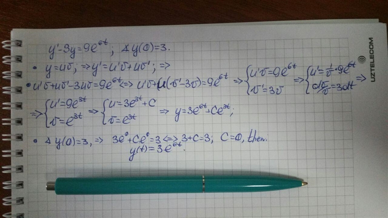 ) find the function satisfying the y′−3y=9e6t y′−3y=9e6t and y(0)=3.y(0)=3.-example-1