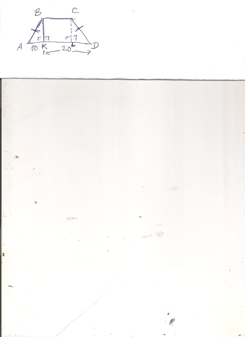 Given: ABCD is a trapezoid, AB = CD, BK ⊥ AD, AK = 10, KD = 20 Find: BC AD-example-1