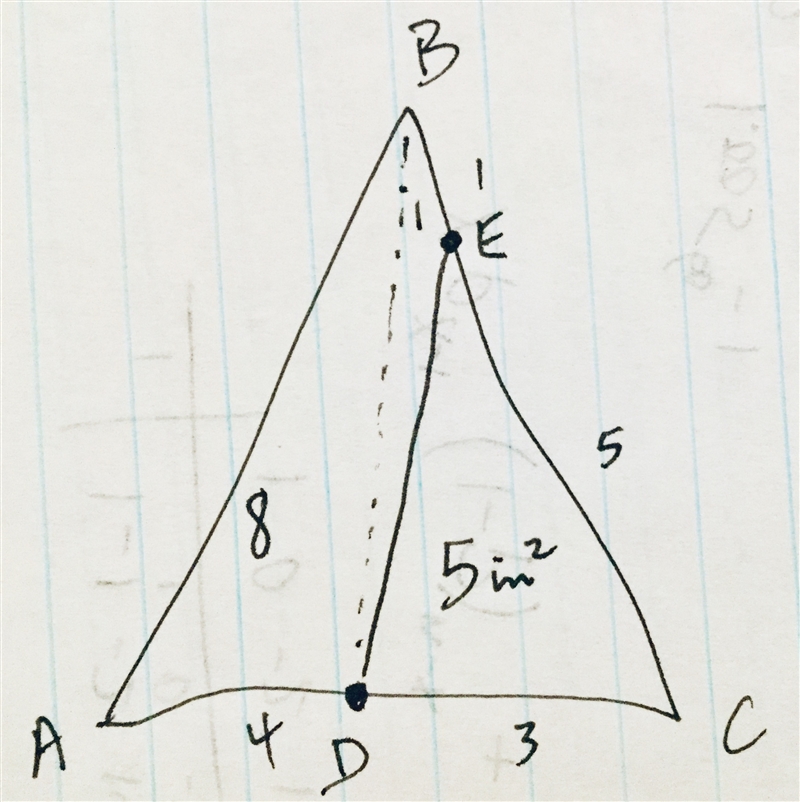 In △ABC, point D∈AC with AD:DC=4:3, point E∈BC so that BE:EC=1:5. If ACDE=5 in2, find-example-1