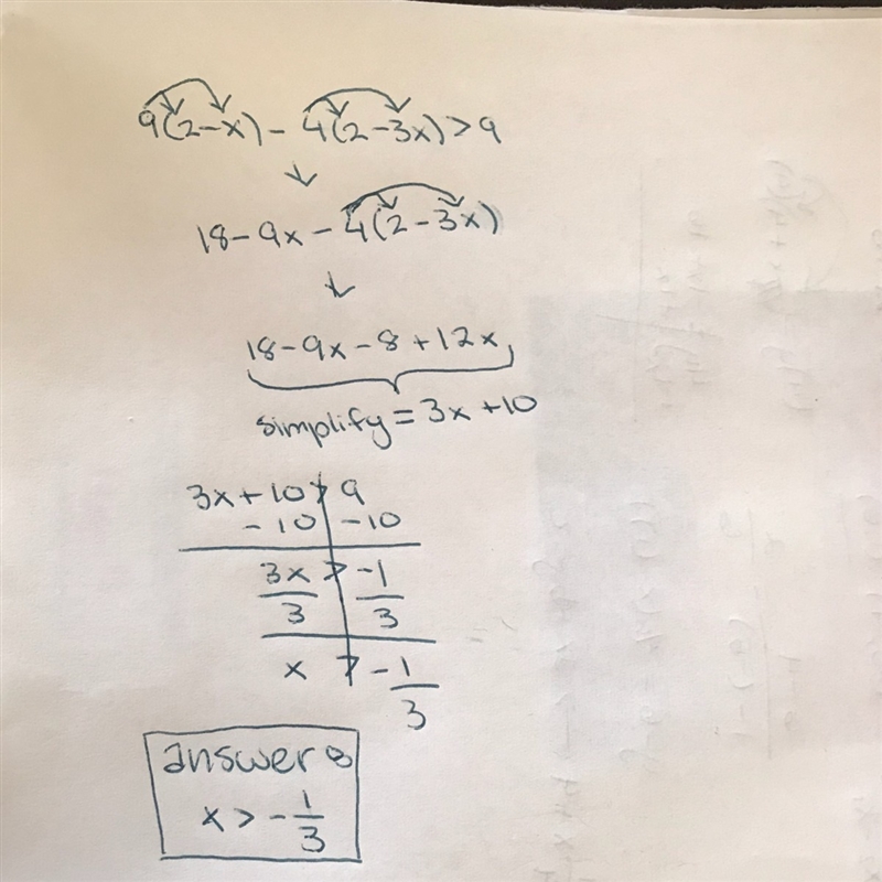 Solve the inequality. 9(2 − x) − 4(2 − 3x) > 9-example-1