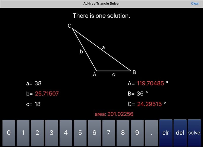 Solve the triangle. B = 36°, a = 38, c = 18-example-1