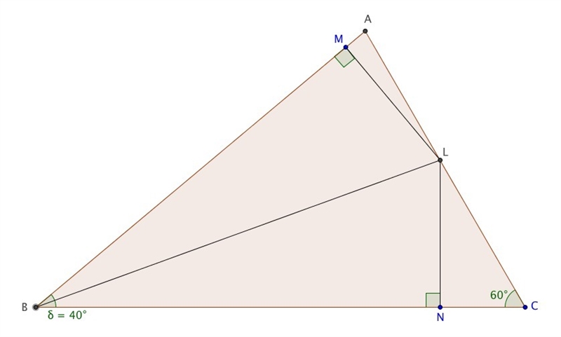 In △ABC, m∠ABC=40°, BL (L∈ AC ) is the angle bisector of ∠B. Point M∈ AB so that LM-example-1