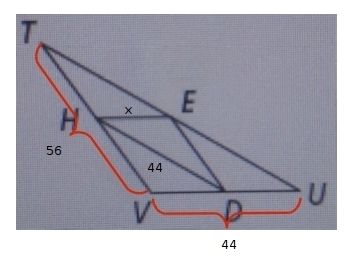 Points E, D and H are the midpoints of the sides of TUV. UV = 44, TV = 56, and HD-example-1