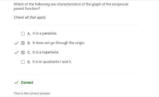 Which of the following are characteristics of the graph of the reciprocal parent function-example-1