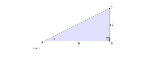 In △ABC, AB=9, BC=12, m∠B=90°, and m∠A=α. What is sin⁡ α? Enter your answer as a simplified-example-1