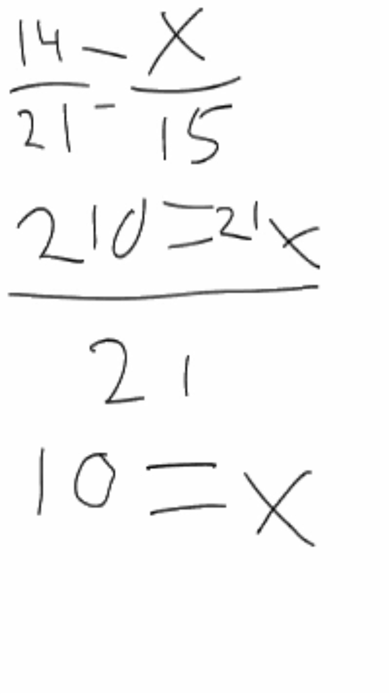 Given DA = 14, A F = 21, KE = x, and EF = 15. What must the value of x be in order-example-1