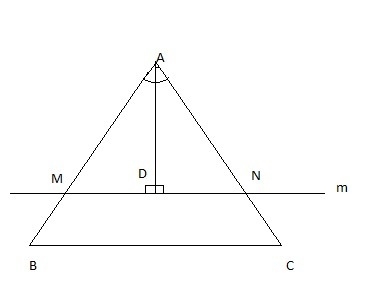 A line m is perpendicular to an angle bisector of ∠A. The sides of ∠A intersect this-example-1