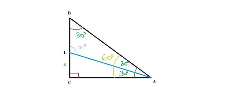 Given: △ABC, m∠C=90° m∠ABC=30°, AL ∠ bisector CL=6 ft. Find: LB-example-1