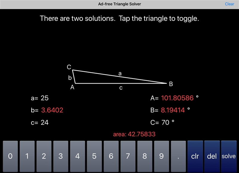 Find all solutions for a triangle with c=70 c=24 and a=25-example-1