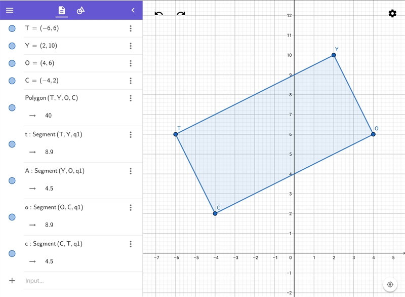 Which is the area of a rectangle TYOC with vertices T(-6,6), Y(2,10), O(4,6), and-example-1