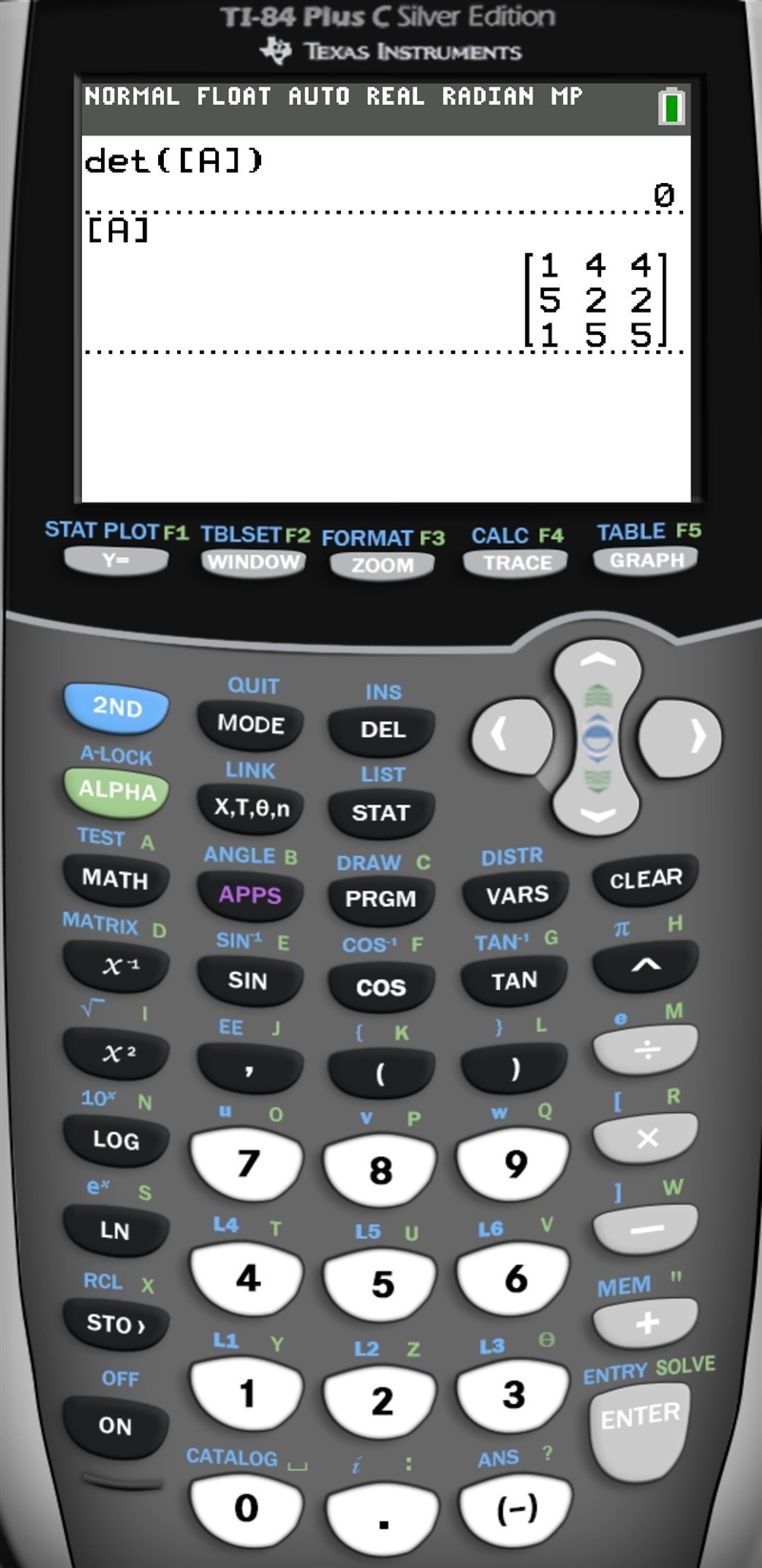 Evaluate the determinant for the following matrix: 144 522 155 A. 125 B. 200 C. 0 D-example-2