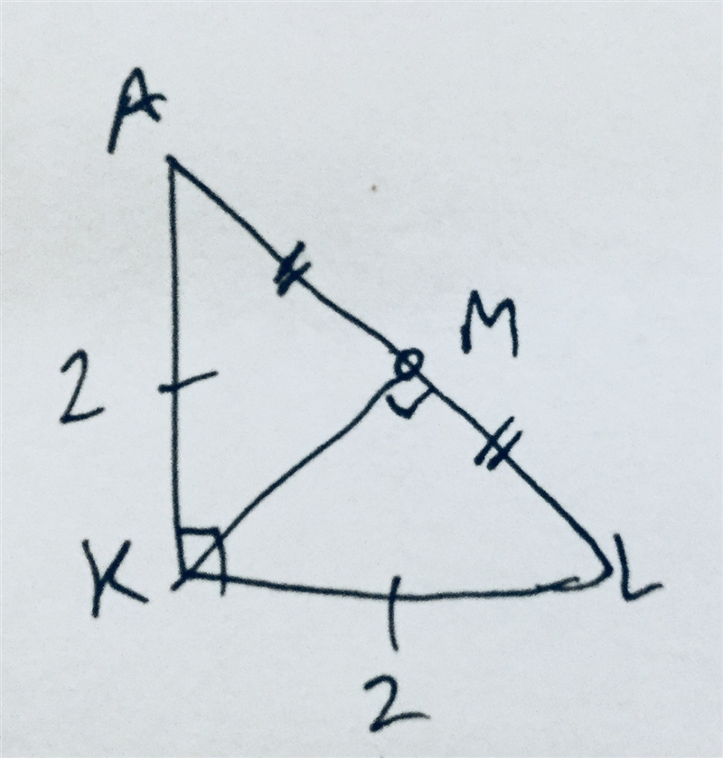 Given: △AKL, m∠K=90° AK = KL = 2 M∈ AL , AM = ML Find: ML and KM-example-1