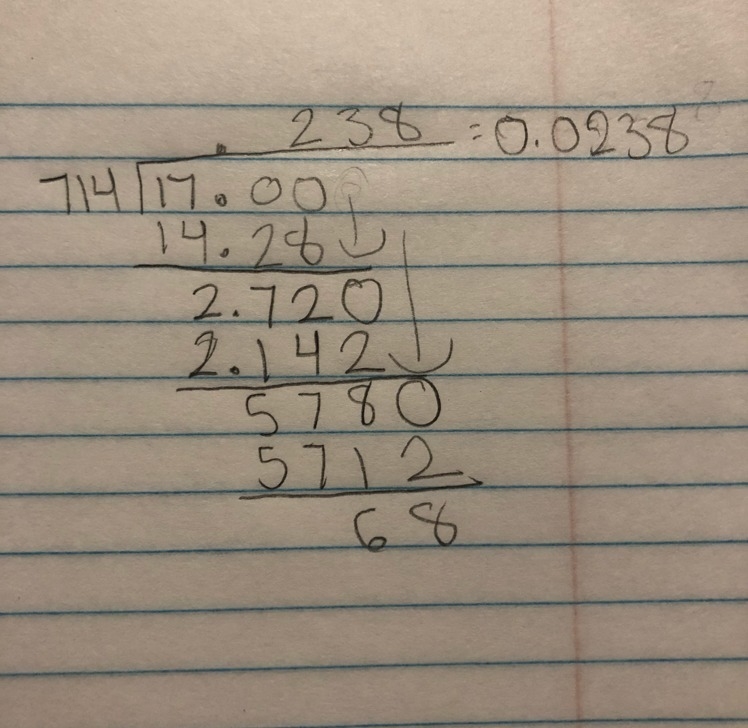 Use partial quotients to divide 17÷714-example-1