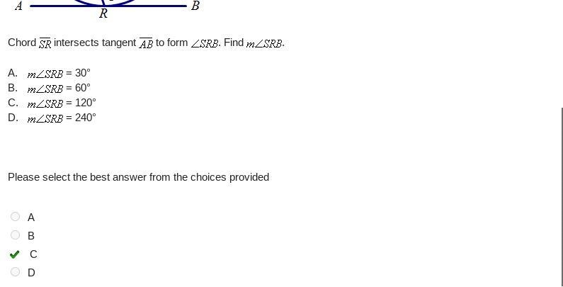 Chord SR intersects tangent AB to form ∠SRA. Find m∠SRA. A. m∠SRA = 40° B. m∠SRA = 80° C-example-1